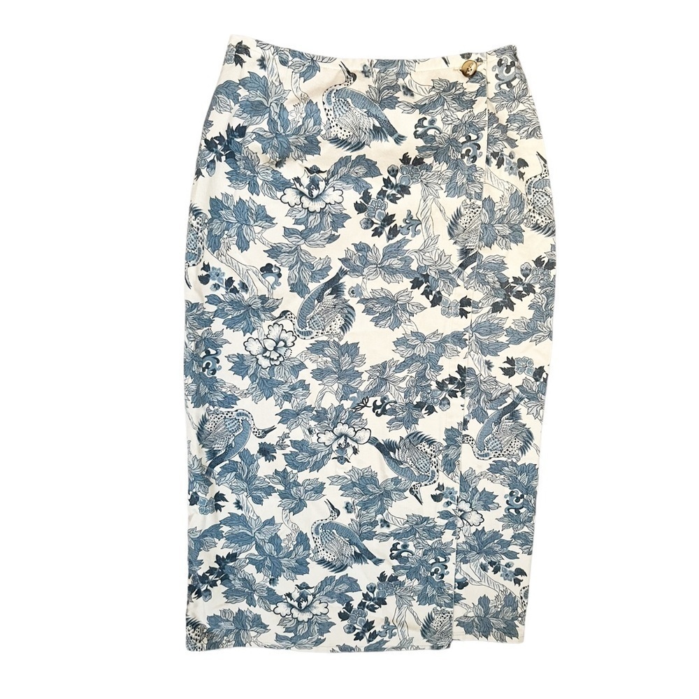 VINTAGE Vivaldi Rigid Denim Floral Midi Wrap Skirt 12